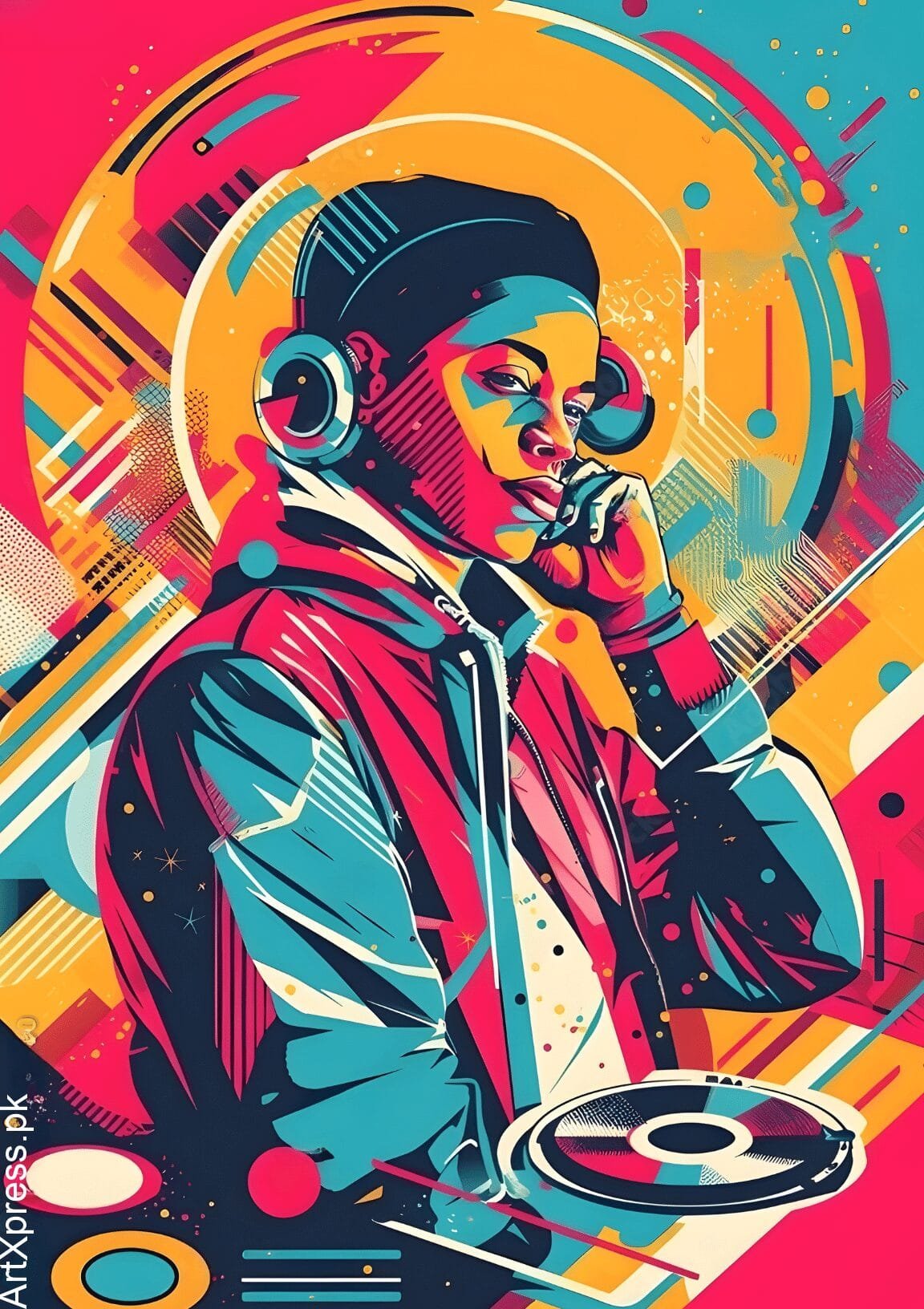 DJ With Turntables & Headphones Metal Poster