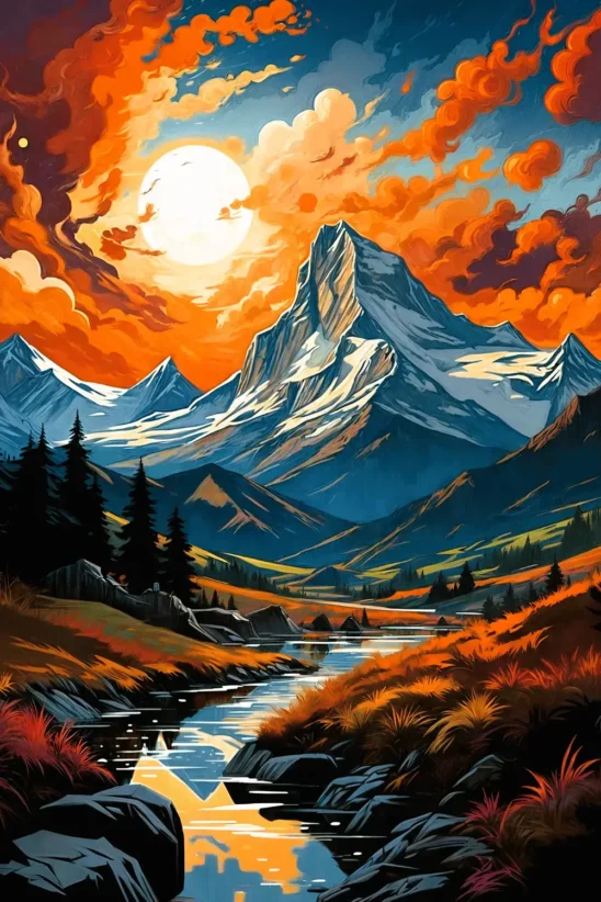Amber Sunset Graces Mountains And River | Metal Poster
