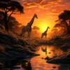 Sunset Dropping Giraffes Walking in The Shade | Metal Poster